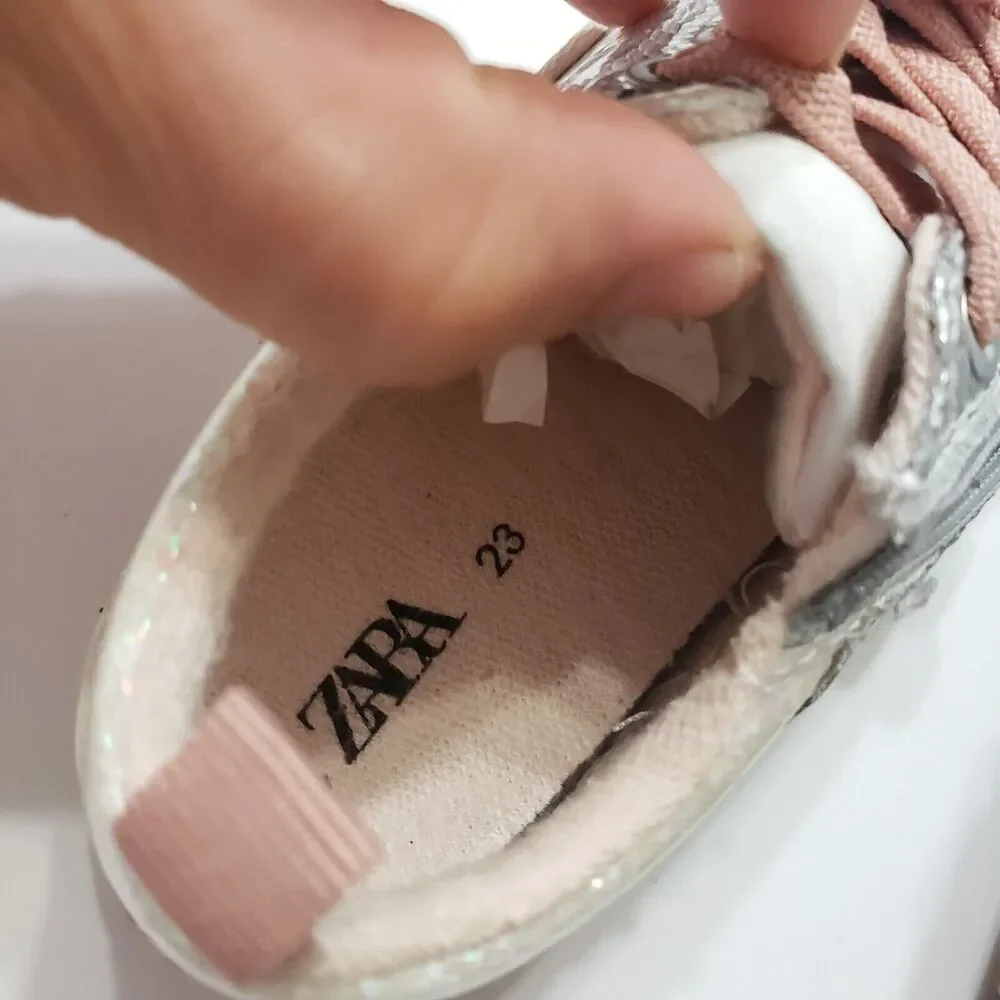 Zara Girl EU Size 23 Silver Side‎ Zipper Lace Up Low Top Shoes Sparkle Sequin